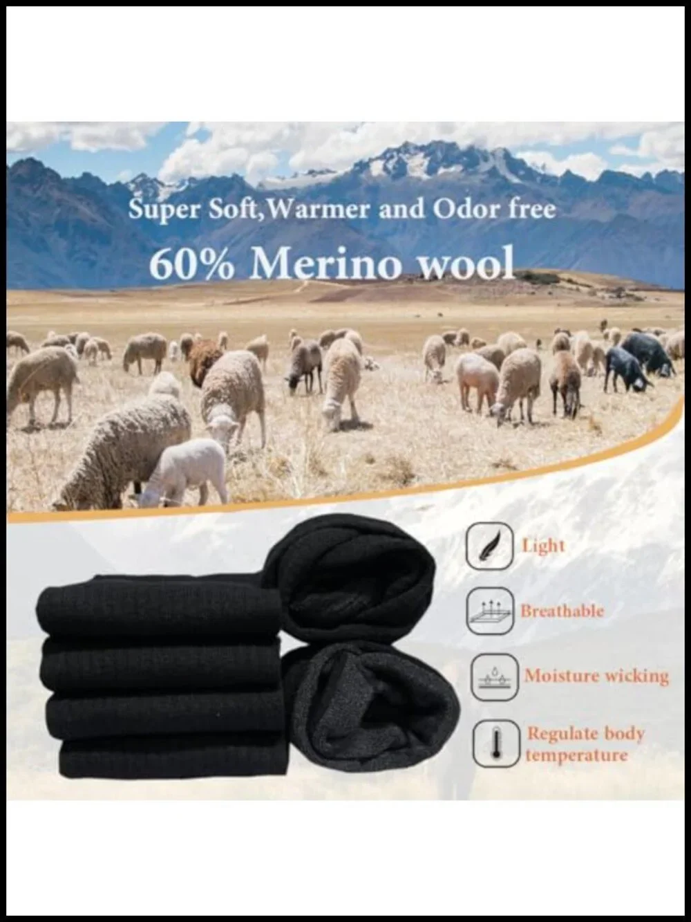 Merino Wool Hiking Toe Socks, Thermal Winter Crew Boot Socks, Moisture Wicking,